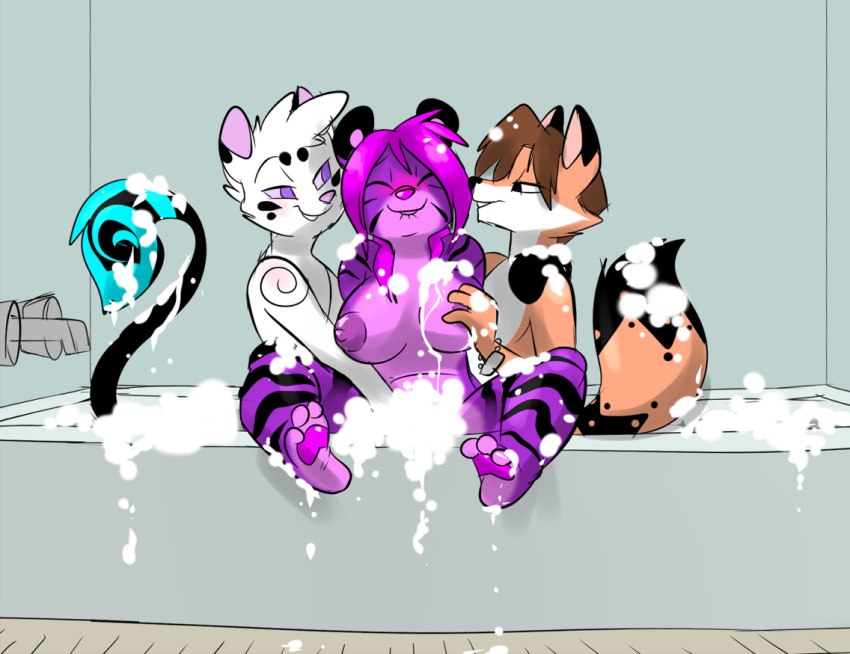 anthro areola bathtub biting_lip blush breasts bubble_bath canine countershading dipstick_tail feline feline female fox fur hair male mammal metal_(artist) metal_(character) multicolored_tail nipples nude pink_hair purple_eyes purple_fur sai_(lovelymiyu) soapy steve_(smsfoxx) suds tiger white_fur