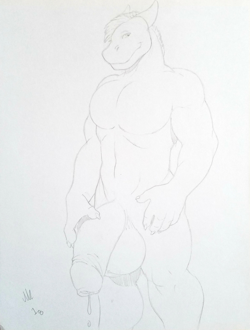 2018 5_fingers anthro balls claws dragon flaccid foreskin gideon hair hand_on_penis horn humanoid_penis male male_only nude penis precum precum_drip presenting presenting_penis scalie simple_background smile smirk solo traditional_media_(artwork) uncut xanderg