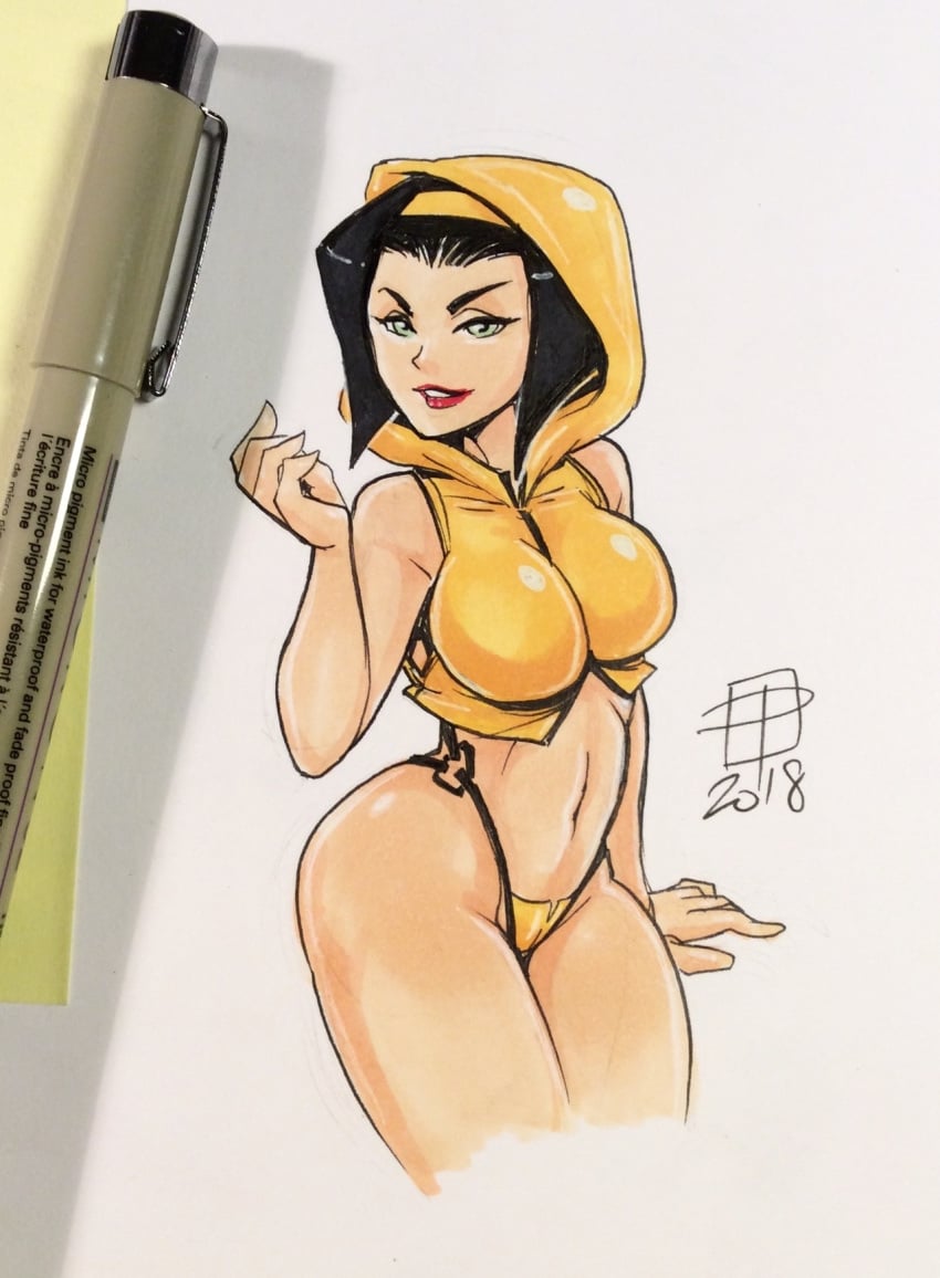 1girls 2018 black_hair breasts callmepo cowboy_bebop faye_valentine female female_only hoodie looking_at_viewer navel pen_(artwork) solo stockings thong white_background