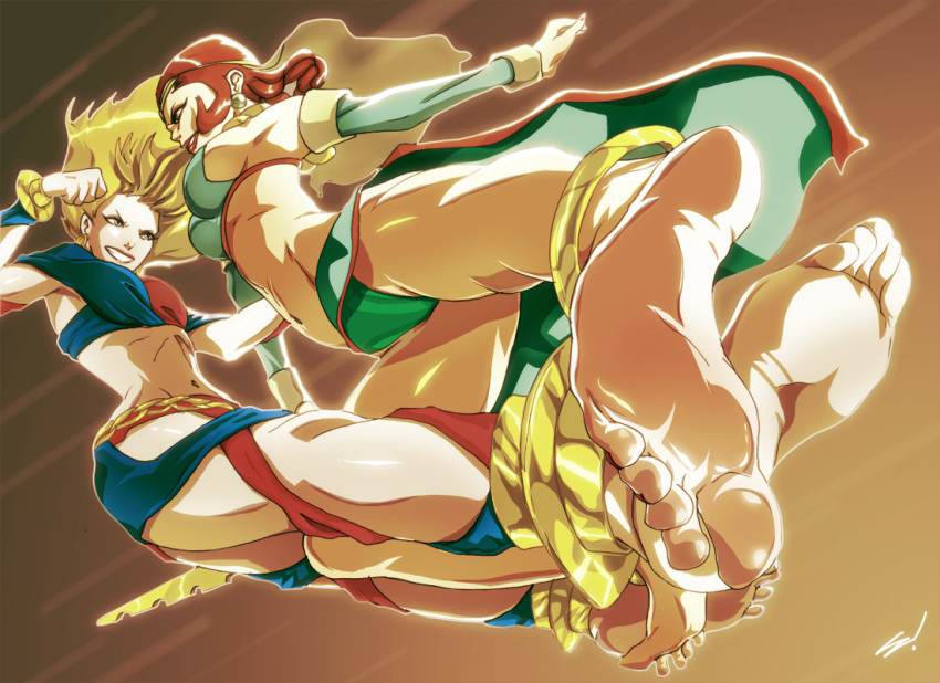 2girls barefoot blonde_hair crossover duo eternal_champions feet female fight fighting jetta_maxx martial_masters red_hair red_snake scamwich sega sideboob soles toes