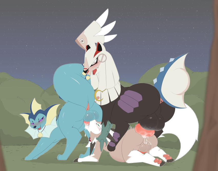 absurd_res anthro bodily_fluids cum cum_inside eeveelution feral generation_1_pokemon generation_7_pokemon genital_fluids group hi_res interspecies knowdwagon legendary_pokemon lycanroc male male/male nintendo pokemon pokemon_(species) pokephilia silvally trio vaporeon