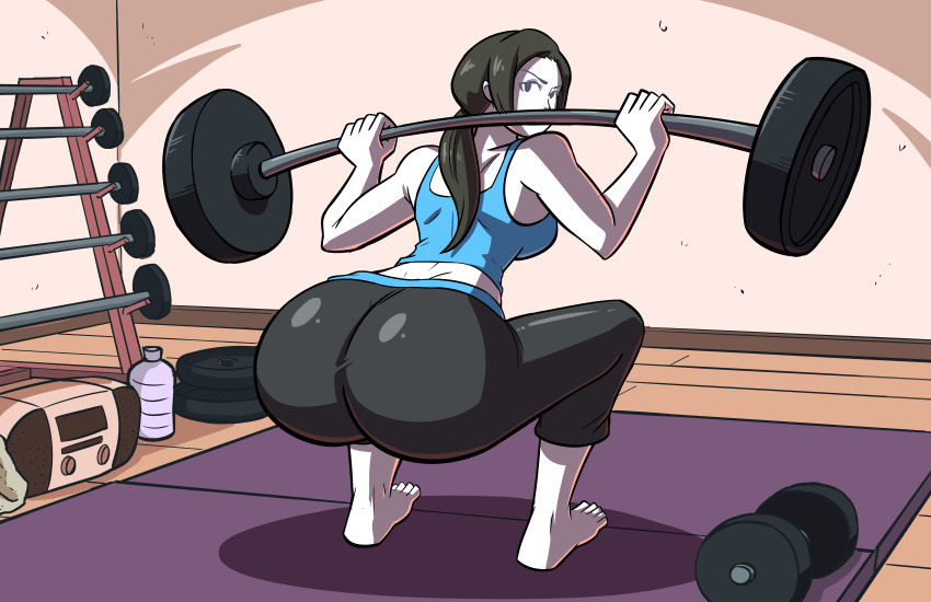 1girls 2018 axel-rosered barbell bare_shoulders barefoot big_butt black_hair breasts bubble_butt butt clothed feet female female_only grey_eyes grey_hair gym huge_ass long_hair looking_at_viewer looking_back nintendo pants ponytail seductive shirt smelly_butt solo squatting tank_top toes weightlifting weights white_skin wide_hips wii_fit wii_fit_trainer yoga_pants