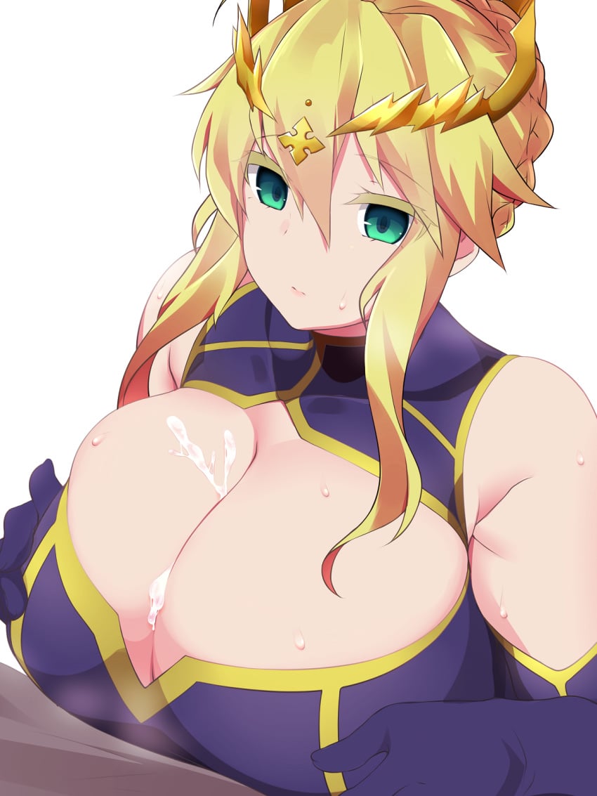 1boy ahoge artoria_pendragon artoria_pendragon_(lancer) bare_shoulders blue_gloves braid breasts cleavage cleavage_cutout crown cum cum_on_body cum_on_breasts cum_on_upper_body elbow_gloves empty_pool eyebrows_visible_through_hair eyelashes fate/grand_order fate_(series) female french_braid gloves hair_between_eyes highres huge_breasts kuro_mushi paizuri paizuri_under_clothes sidelocks simple_background solo_focus straight sweat white_background