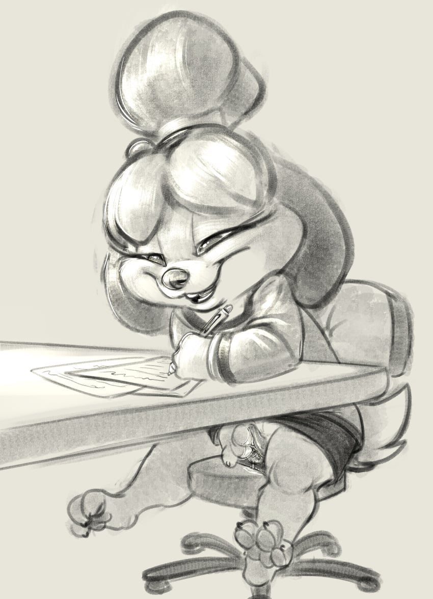 2018 3_toes animal_crossing animal_genitalia animal_pussy anthro barefoot bottomless canine canine canine_pussy carrot_(artist) chair clothed clothing female finger_fuck fingering grey_background greyscale hair half-closed_eyes hi_res hindpaw isabelle_(animal_crossing) mammal masturbation monochrome nintendo open_mouth pawpads paws penetration pussy shih_tzu simple_background sitting sketch smile solo teeth toe_curl toes unprofessional_behavior vaginal_masturbation vaginal_penetration vaginal_penetration video_games