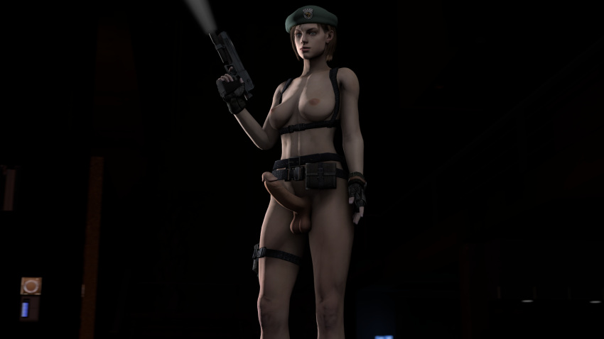 1futa 3d balls blue_eyes breasts brown_hair curvy derpsycho333 erect_nipples erection firearm futa_only futanari handgun hat intersex jill_valentine jill_valentine_(julia_voth) large_breasts large_penis light-skinned_female nipples nude penis resident_evil resident_evil_remake solo_futa source_filmmaker tactical_nudity weapon