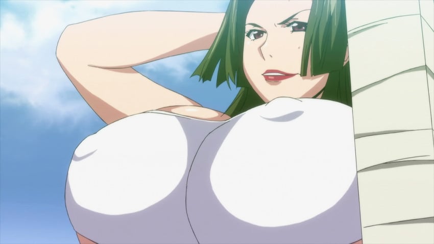 animated blush bouncing_breasts breasts brown_eyes cleavage erect_nipples erect_nipples_under_clothes female green_hair hoods_entertainment huge_breasts kaneko_hiraku lipstick long_hair manyuu_hikenchou mature_female parted_lips sarashi screencap solo sweat toyo_(manyuu_hikenchou) underboob upper_body