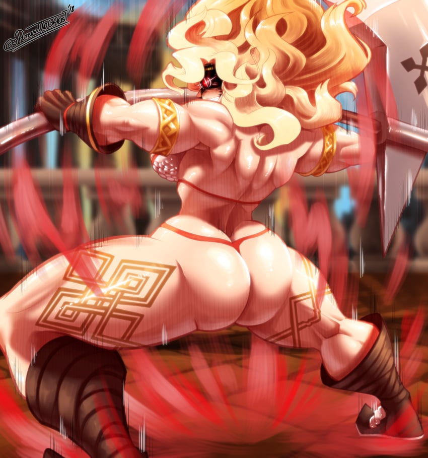 1girls amazon amazon_(dragon's_crown) ass aura axe back bikini_armor blonde_hair boots bra bracelet breasts dragon's_crown female_only g-string gloves glowing_eye glowing_eyes halberd highres huge_weapon large_ass large_breasts leg_tattoo muscular muscular_female pltnm06ghost red_eyes shoooohhhh source_request spread_legs tattoo text thick_thighs thong watermark weapon wide_hips