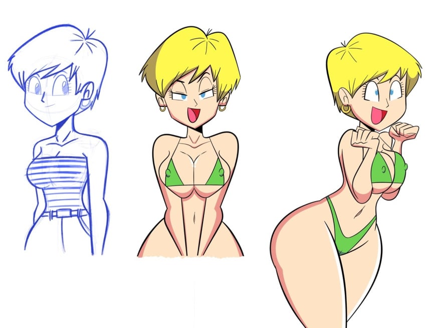 1girls bikini blonde_hair blonde_hair_female blue_eyes codykins123 dragon_ball dragon_ball_z erasa erect_nipples female hoop_earrings hourglass_figure multiple_poses open_mouth solo teenager white_background