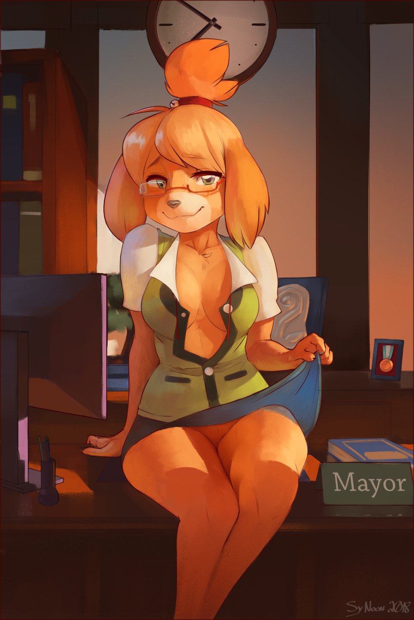 animal_crossing anthro barely_visible_genitalia barely_visible_pussy blush breasts canid canine canis cleavage clothing english_text eyewear female female_focus female_only fur furry furry_only glasses green_eyes hi_res highres isabelle_(animal_crossing) looking_at_viewer mammal nintendo no_panties no_underwear office open_shirt pussy seductive shih_tzu sitting sitting_on_desk skirt skirt_lift solo solo_female solo_focus sy_noon text upskirt