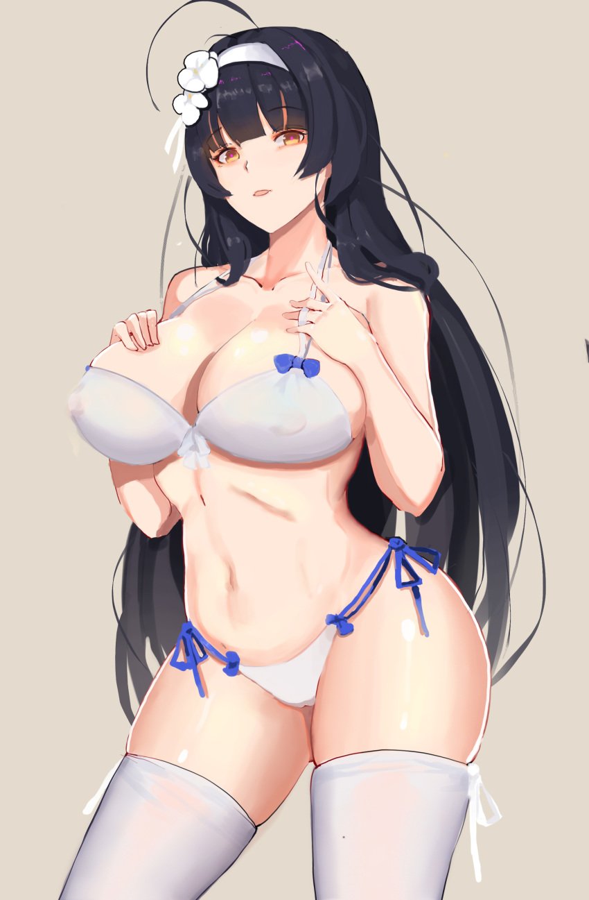 1girls bikini black_hair breasts female_only gg-e girls'_frontline hairband huge_breasts thighhighs type_95_(girls'_frontline) yellow_eyes