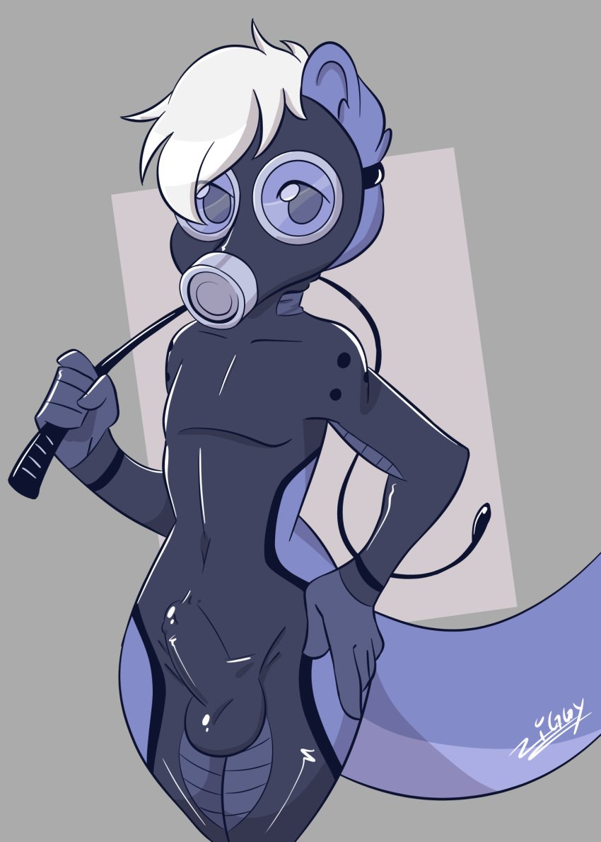 2018 absurd_res anthro balls bondage bulge digital_media_(artwork) gas_mask hair hi_res looking_at_viewer male male_only mammal mask mustelid otter penis simple_background solo whip ziggy_fox