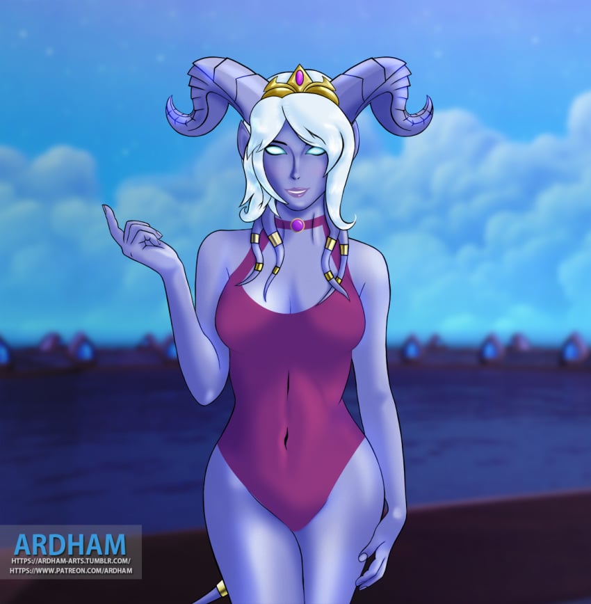 1girls abs alien ardham bathing_suit big_breasts big_hips blizzard_entertainment blue_eyes blue_skin breasts curvaceous curvy draenei female heroes_of_the_storm hips horn horns pin-up pin_up pool stomach swimsuit tail tendrils text url warcraft watermark white_hair world_of_warcraft wow yrel