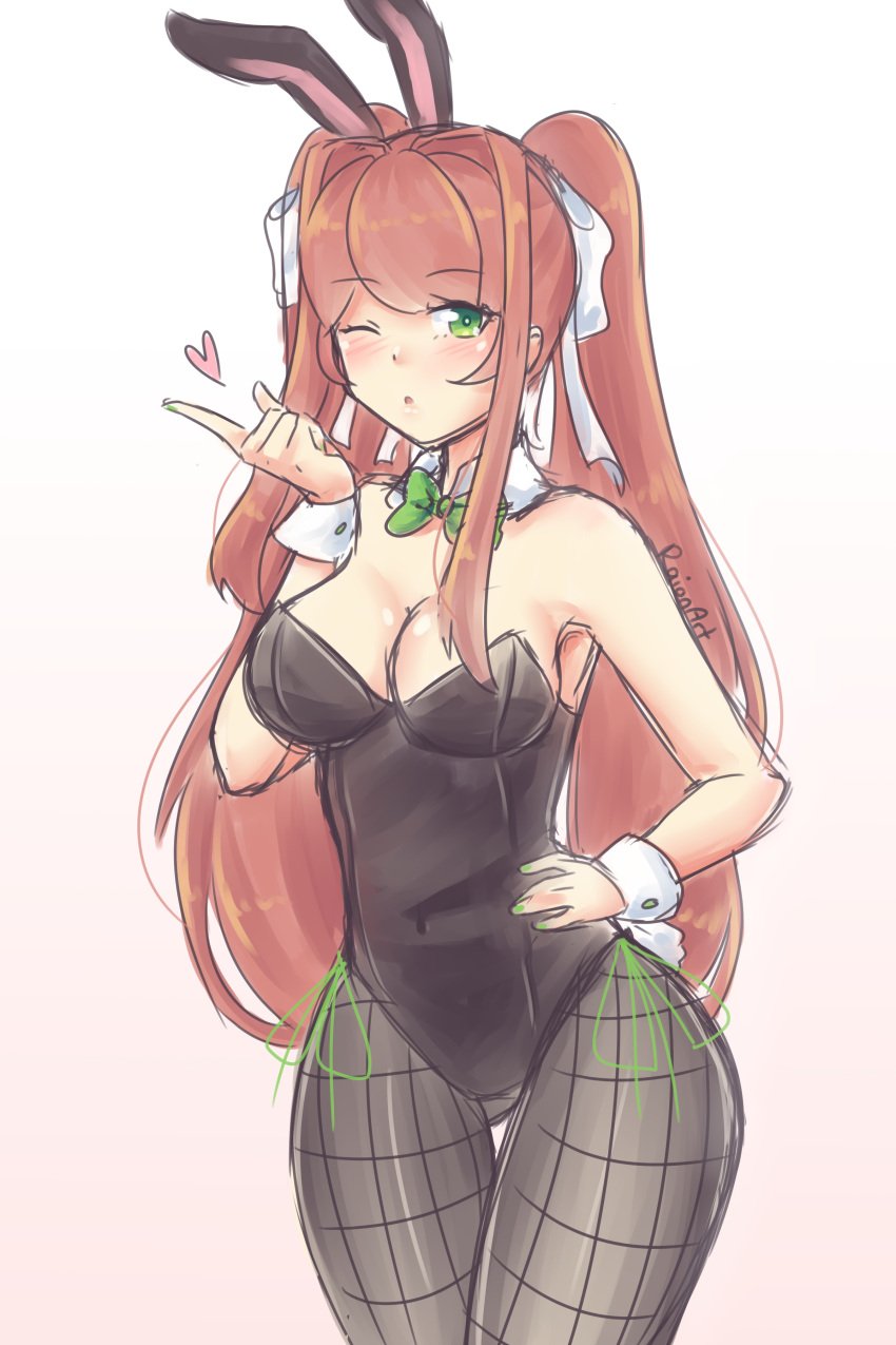 1girls alternate_costume alternate_hairstyle big_breasts blowing_kiss blush bowtie breasts brown_hair bunny_ears bunnysuit busty cleavage covered_navel doki_doki_literature_club duplicate female female_only fingernails green_eyes hair_ribbon hand_on_hip heart large_breasts leotard long_hair looking_at_viewer monika_(doki_doki_literature_club) one_eye_closed pantyhose raionart ribbon thick_thighs twintails wink