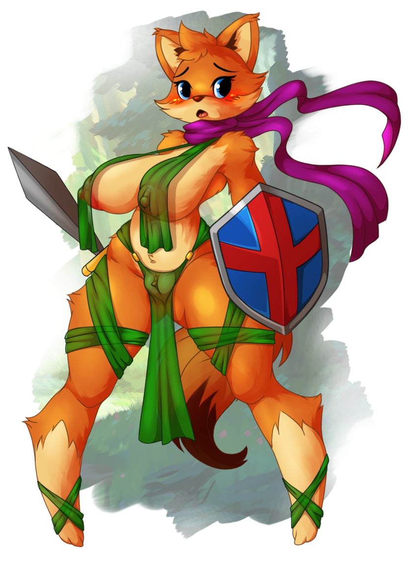 2018 anthro artist-apprentice587 big_breasts blush breasts canine casual clitoris clothed clothing digital_media_(artwork) female fox furry genderswap genderswap_(mtf) hi_res holding_object holding_weapon looking_at_viewer looking_back mammal melee_weapon neckwear nipples pussy ribbon ruin_seeker shield simple_background solo sword thick_thighs translucent tunic tunic_(video_game) video_games weapon