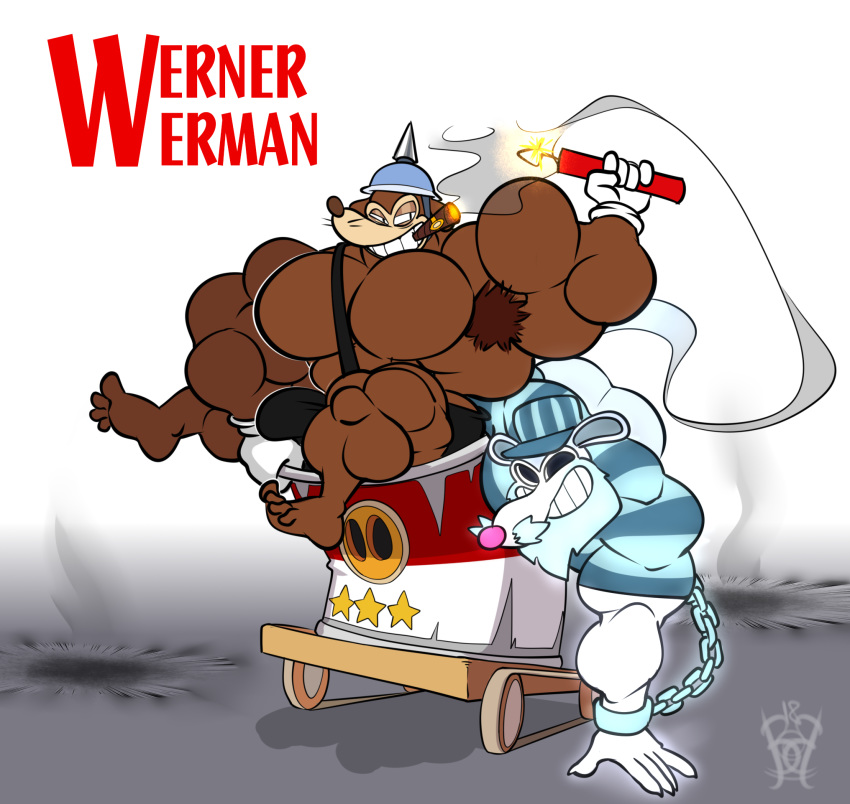 bobthetanuki chains cuphead_(game) dynamite extrasizedbob ghost male male_only mammal muscles muscular pecs rat rodent underwear werner_werman