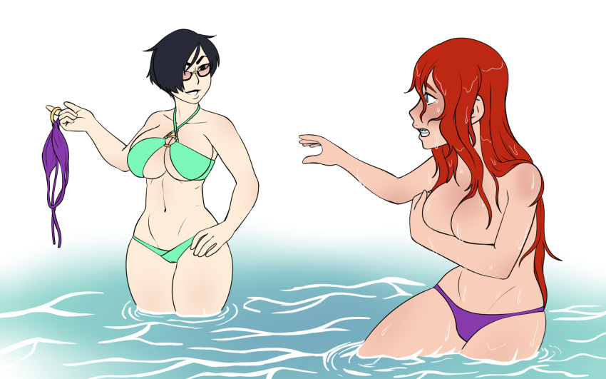 2girls bikini bikini_top_removed black_hair bullying covering_breasts embarrassed female_only gardnerverse glasses holding_bra large_breasts long_hair marty_gardner ocean original original_character red_hair tears topless vuong_nguyen wet_hair