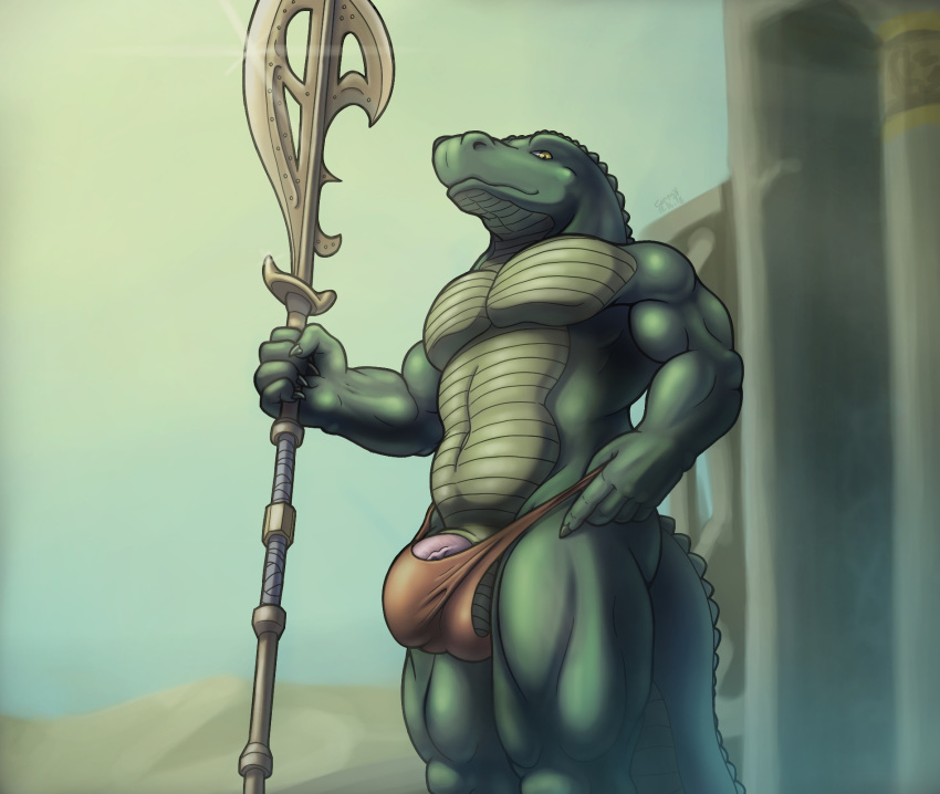 2018 5_fingers alternate_version_at_source anthro axe balls barely_contained biceps big_balls big_penis biped bulge clothed clothing corrsk crocodile crocodilian day deity detailed_background digital_media_(artwork) egyptian egyptian_mythology hi_res holding_object holding_weapon humanoid_penis looking_at_viewer male male_only melee_weapon muscular muscular_male outside pecs penis penis_base penis_outline reptile scales scalie skimpy sky smile sobek solo standing topless underwear vein veiny_penis weapon