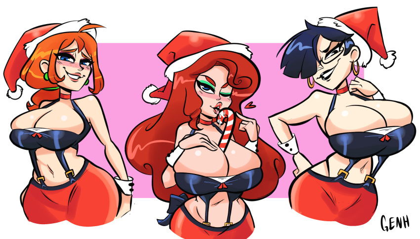 3girls between_breasts black_hair blush candy_cane choker christmas christmas_outfit cleavage female_only gardnerverse glasses gray-eggs-n-ham hoop_earrings huge_breasts large_breasts licking liz_gardner marty_gardner milf naughty_face orange_hair phallic_symbol red_hair saliva santa_hat under-rim_glasses vuong_nguyen wrist_cuffs