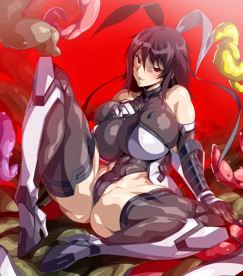 1girls absurdres ass bangs black_leotard blush breasts cameltoe covered_navel covered_nipples deep_skin elbow_gloves female female_only full_body gloves hair_ribbon high_heels highres huge_breasts leotard long_hair looking_at_viewer milf mizuki_shiranui mother parted_lips potion_(moudamepo) red_background red_eyes ribbon shiny shiny_clothes shiny_hair sitting skin_tight smile solo spread_legs succubus taimanin_(series) taimanin_yukikaze teeth tentacle thighhighs