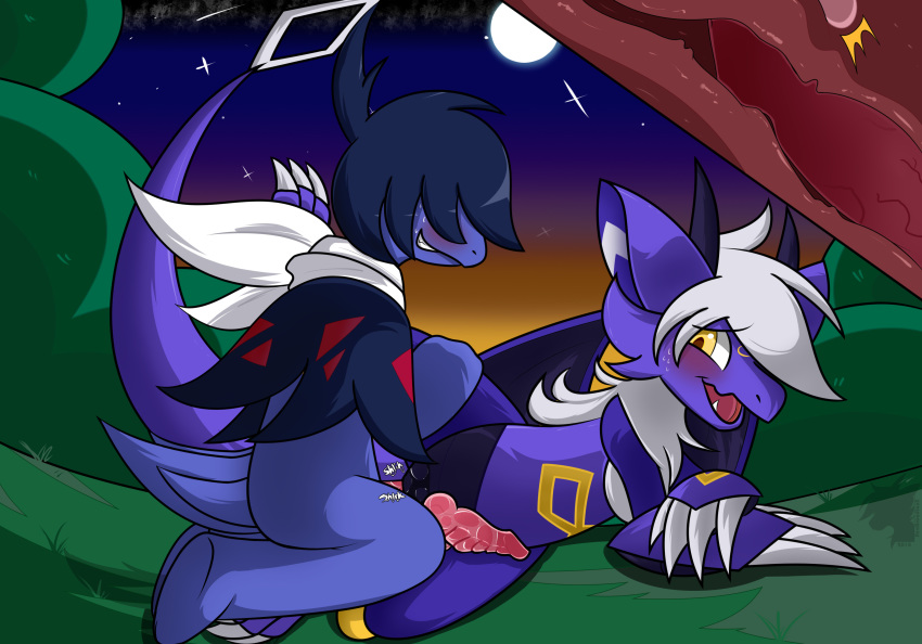 2boys alternate_color anal anal_sex anus ass belly blue_hair blue_skin blush bottomless claws deino dragon duo erection feet galaxy_dragon gay hair_over_eyes hair_over_one_eye internal interspecies kneeling knot leg_up male male_only moon neo_(character) neoarcadianx night nintendo nude on_side original_character penetration penis pokémon_(species) pokemon pokemon_bw scalie sex short_hair sky smile spread_legs spreading stars tail teeth text veins veiny_penis video_games white_hair x-ray yaoi yellow_eyes yellow_skin