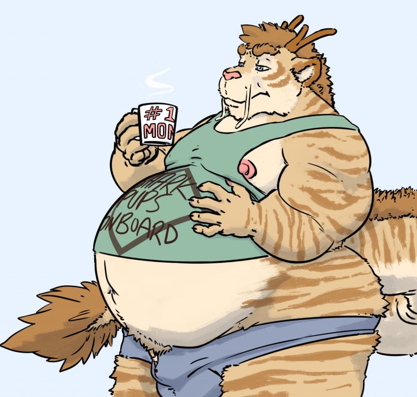 beverage bulge clothing dragon feline horn hybrid male male_pregnancy mammal mel_(character) pregnant shirt shorts simple_background standing tail_tuft thenamesmel thick_tail tiger tuft