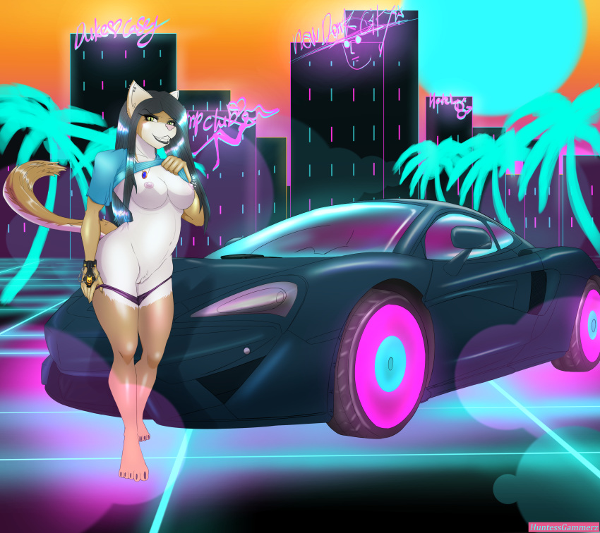 2018 anthro bottomless bracelet breasts clothed clothing detailed digital_media_(artwork) feline female grin hair huntressgammerz jewelry long_hair looking_at_viewer mammal mclaren neon_grid neon_lights neon_sign nipples palm_tree pussy signboard smile sports_car standing vaporwave