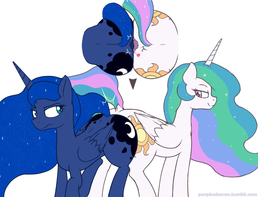 alicorn anal_kiss anus anus_frottage ass ass_to_ass butt_squish cutie_mark equine eye_contact female friendship_is_magic heart high-angle_view horn horse incest lidded_eyes looking_back mammal my_little_pony ponut_kiss pony princess_celestia_(mlp) princess_luna_(mlp) puffy_anus purplealacran siblings sister sisters size_difference smile white_background wings yuri