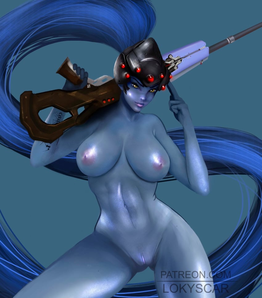 blizzard_entertainment blue_skin female gun lokyscar nude overwatch patreon ponytail shiny_skin solo widowmaker yellow_eyes