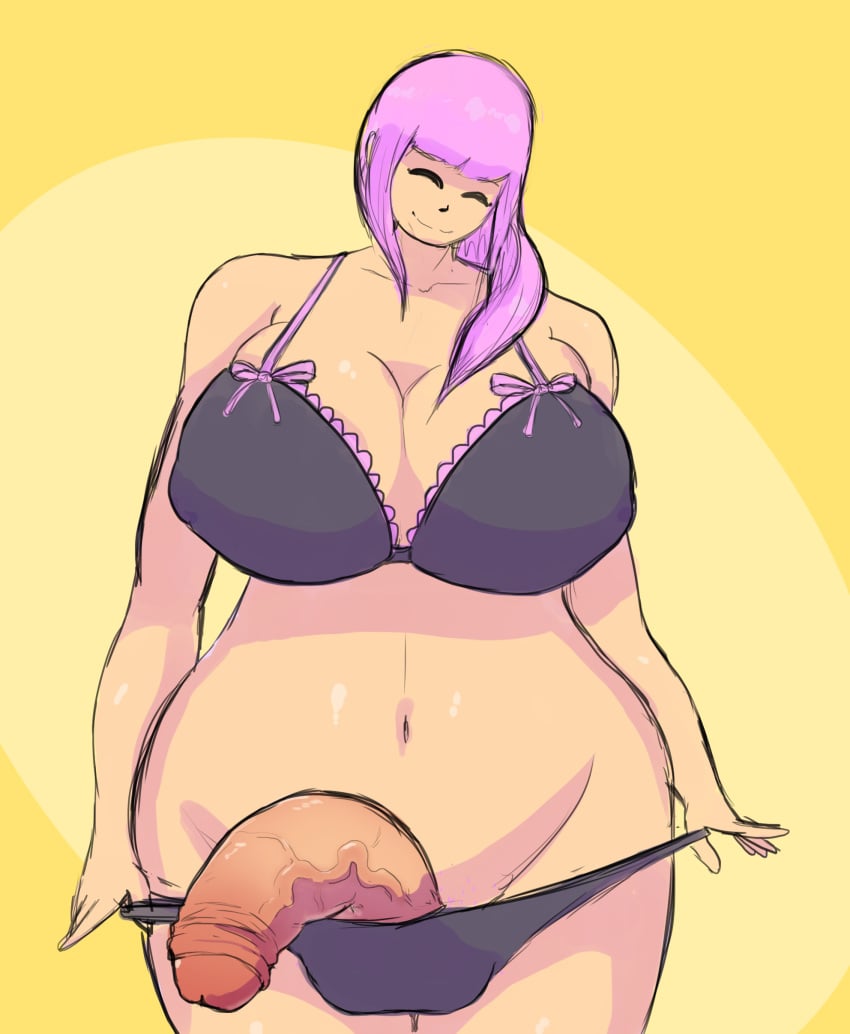 1futa big_breasts big_penis flaccid futa_only futanari hair_over_shoulder huge_breasts huge_cock intersex kaymeyers navel penis penis_out pink_hair simple_background smile solo tagme testicles underwear veiny_penis wide_hips