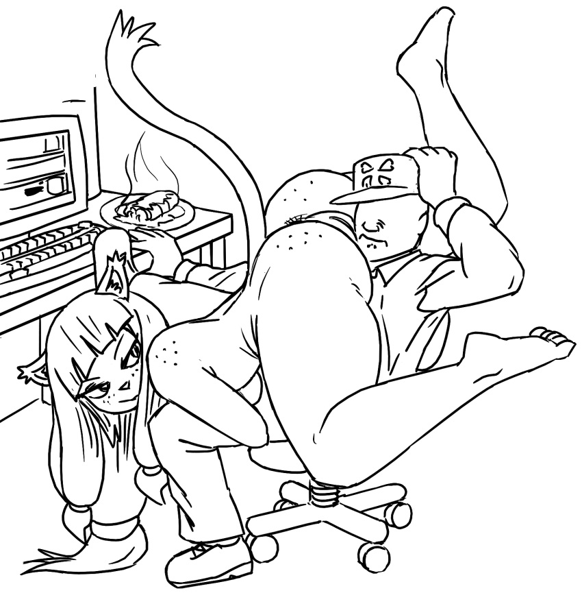 4chan anon anthro anus ass assertive barefoot breasts burrito chair clothed_male_nude_female computer desk drawn ear_tuft ecaflip face_in_ass feet feline female female_on_top food freckles full_body furry hat huge_ass human human_on_anthro large_breasts line_art long_hair looking_back low-tied_long_hair mammal miranda_(wakfu) monochrome office_chair presenting presenting_hindquarters pussy redout sideboob sitting smile soles tail toes uncensored wakfu white_background