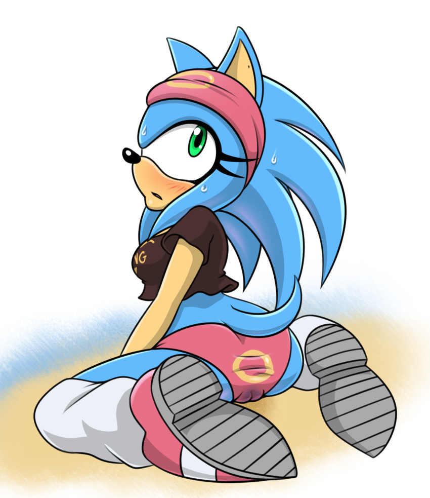 2018 anthro bandana black_nose blush breasts cameltoe clothed clothing eyelashes female footwear fully_clothed green_eyes hedgehog looking_at_viewer mammal midriff mobian_(species) panties polarplunge rule_63 sega shirt shoes solo sonic_(series) sonic_the_hedgehog sonic_the_hedgehog_(series) sweat t-shirt underwear wet_spot