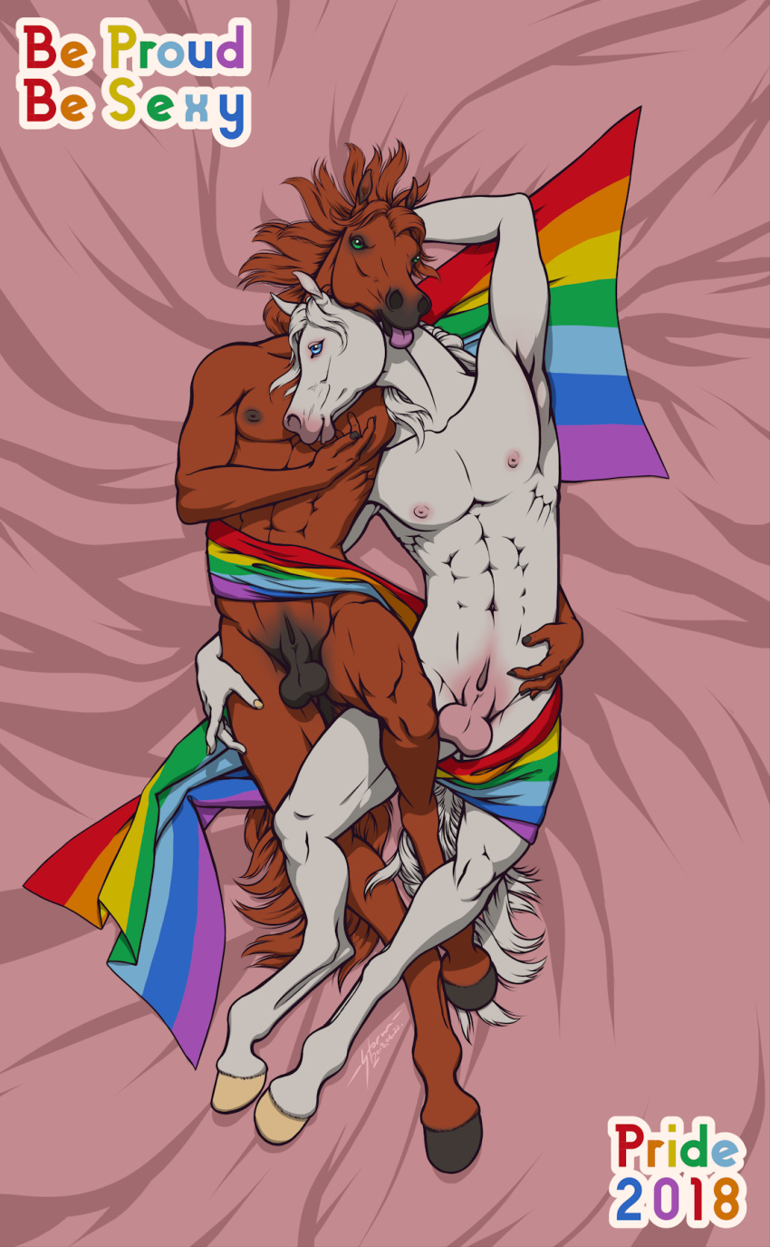 2boys anatomically_correct animal_genitalia animal_penis anthro balls bed cute equine equine_penis flaccid gay_pride horse horsecock lgbt_pride_colors looking_at_viewer male male_only mammal muscular_male painting penis pride_(disambiguation) rainbow_flag sakura_(storm_engineer) sheath smile storm_engineer tongue tongue_out yaoi