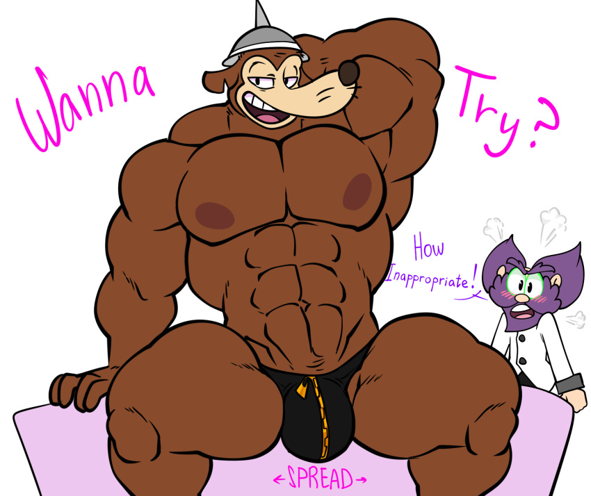 abs anthro blush bobthetanuki cuphead_(game) dr._kahl english_text extrasizedbob human male_only mammal nipples pecs rat rodent thong underwear werner_werman