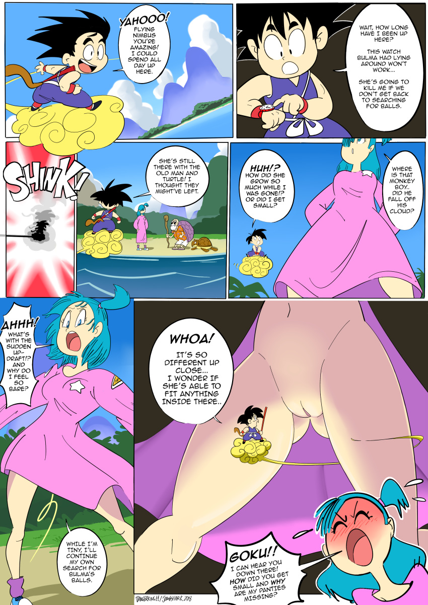 1boy bulma bulma_briefs comic dangerking11 dragon_ball dragon_ball_(classic) female giantess larger_female micro no_panties pussy shrinking size_difference smaller_male son_goku unamused unaware upskirt