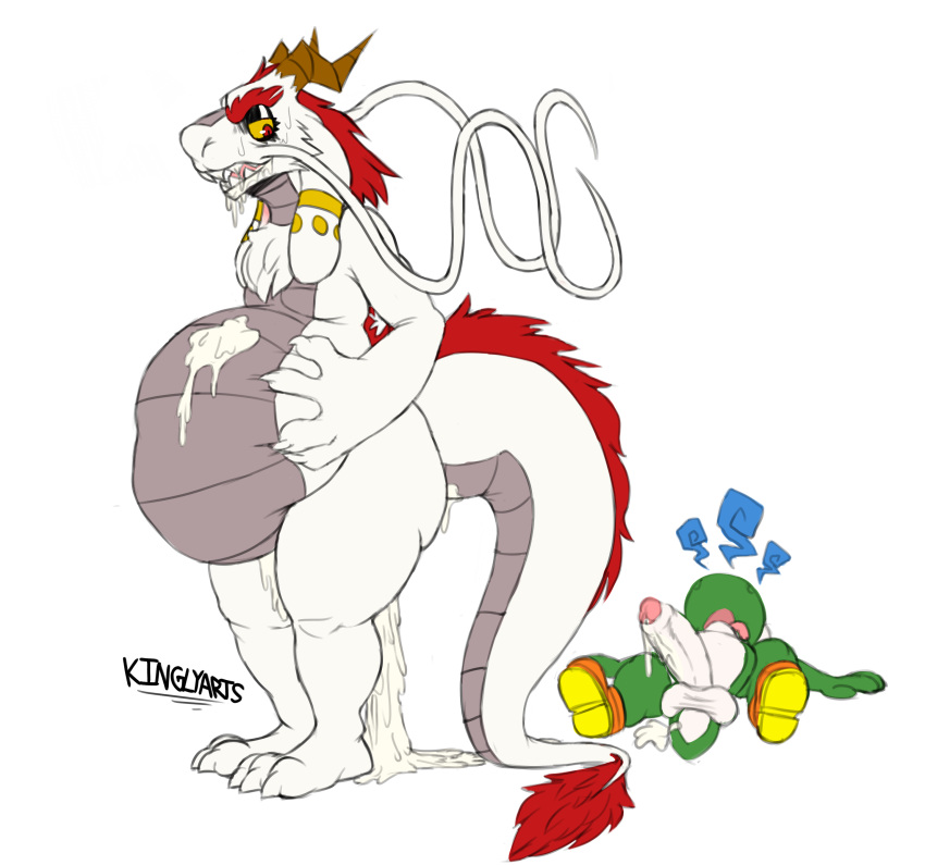 2boys anthro ass balls belly big_balls big_belly big_butt big_hands big_penis cum cum_in_mouth cum_inside cum_pool dialogue dragon eastern_dragon excessive_cum exhausted full_body huge_butt huge_cock hyper hyper_belly inflation kingly_(character) kinglyarts_(artist) lying male male_only mario_(series) messy multiple_boys nintendo on_back penis sharp_teeth simple_background size_difference small_dom_big_sub standing sweat tagme tail teeth testicles thick_thighs video_games white_background wide_hips yaoi yoshi