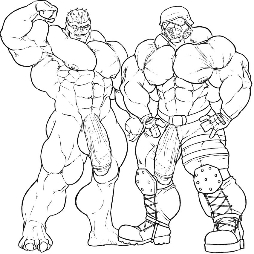 alien armor balls bara big_penis boots bulge character_request clothed clothing club_shaped_penis duo flaccid flexing footwear greyscale helmet huge_muscles humanoid_penis line_art lineart male male_only monochrome mr_canvas muscles muscular muscular_male mutant nude pecs penis penis_through_fly poking_out retracted_foreskin saints_row saints_row_iv smile standing uncut vein veiny_penis zinyak