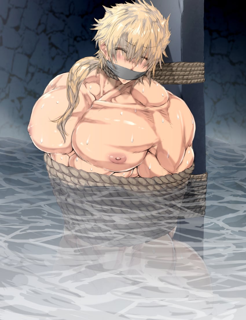 ambush_(trap) androgynous big_muscles blonde_hair closed_eyes femboy jin-jin male muscles muscular muscular_trap nipples nude pecs ponytail rope rope_bondage solo sweat thick_thighs tied tied_up water