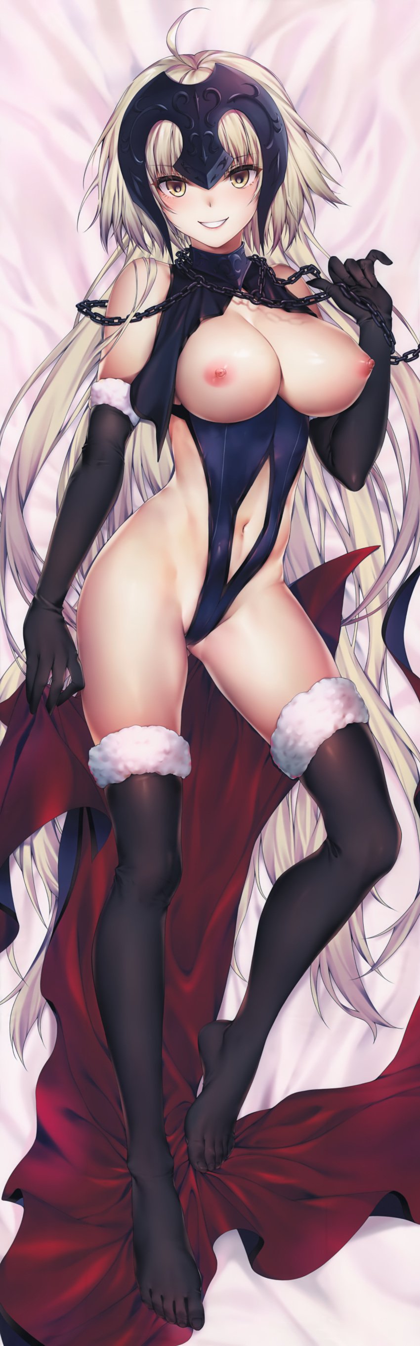 absurdres armor bangs bare_shoulders black_gloves black_legwear breasts chains dakimakura elbow_gloves eyebrows_visible_through_hair fate/grand_order fate_(series) female full_body fur_trim gloves helmet highres huge_filesize jeanne_alter large_breasts leotard long_hair looking_at_viewer lying navel nipples obiwan on_back pale_skin parted_lips scan shiny shiny_skin smile solo very_long_hair white_hair yellow_eyes