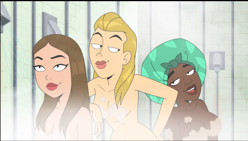 3girls blonde_female blonde_hair breasts brown_hair casual conversation dark-skinned_female dark_skin female female_only gigi_(velma) human krista_(velma) light-skinned_female locker_room long_hair naked naked_female nude nude_female official_art olive_(velma) pale_skin public scooby-doo screencap screenshot shover shower shower_cap showering soap soap_censor steam velma_(series)