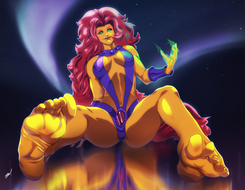 1girls barefoot breasts cleavage dc dc_comics deviantart feet female female_only green_eyes koriand'r navel red_hair scamwich soles solo starfire starfire_(comics) teen_titans toes watermark