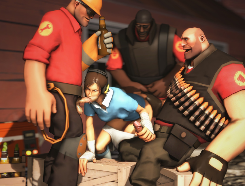 1girls 3boys 3d beer blowjob demoman demoman_(team_fortress_2) engineer_(team_fortress_2) fellatio female femscout femscout_(hatless) gangbang handjob heavy_(team_fortress_2) heavy_weapons_guy human human_female human_male human_only imminent_gangbang imminent_sex male multiple_boys multiple_penises oral particle_ghost rule_63 scout_(team_fortress_2) sex straight team_fortress_2 undressing