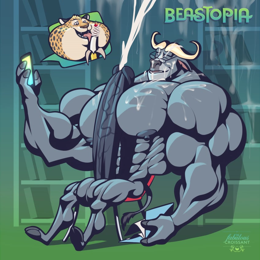 anthro benjamin_clawhauser big_penis bovine buffalo cape_buffalo chief_bogo cum disney erection hi_res horn huge_cock huge_muscles humanoid_penis hyper hyper_muscles male male_only mammal muscular muscular_male nipples penis pose simple_background the_fabulous_croissant yaoi zootopia