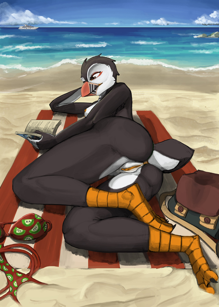 2018 anthro ass avian beach beak bird book breasts casual_nudity clothing detailed_background discarded_clothing female fingerprint_(artist) lying nipples nude on_side outside pearl_(boolean) puffin pussy reading seaside sky solo swimsuit water