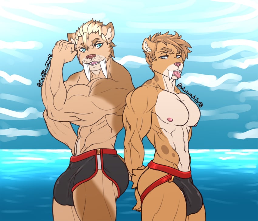 2018 abs anthro balls biceps blue_eyes bulge castbound flexing fur looking_at_viewer male male_only max_(anixis) multicolored_fur muscular nipples pecs penis pharos sabertooth_(disambiguation) speedo swim_trunks tongue tongue_out two_tone_fur