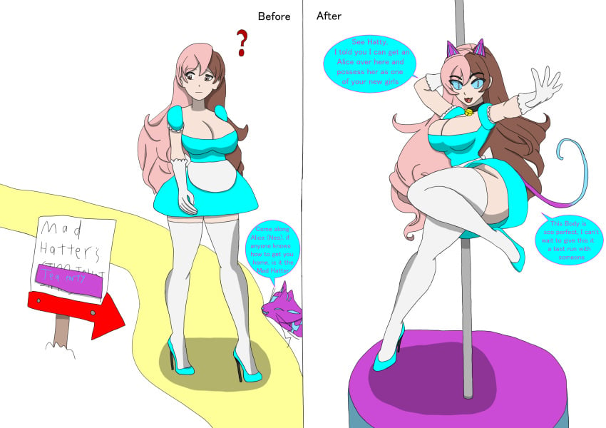 alice_in_wonderland alice_liddell_(cosplay) before_and_after blue_eyes blue_heels breasts brown_hair cat_bell cat_ears choker cleavage cosplay curious_cat_(rwby) dress gloves high_heels huge_breasts multicolored_hair neo_(rwby) pink_hair pole pole_dancing possessed possession public_domain rwby short_dress tail thighhighs twilight_jester