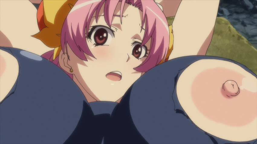 1girls animated areolae blush breasts brush female fujiomi_taisuku hoods_entertainment huge_breasts large_areolae large_nipples nipple_rub nipples oil pink_hair red_eyes screencap seikon_no_qwaser swimsuit torn_clothes tsujidou_miyuri uno_makoto