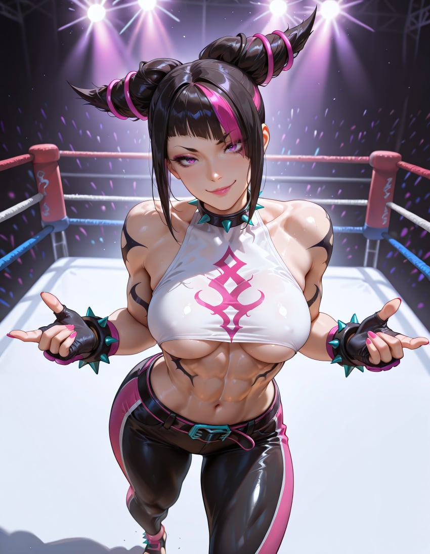 abs ai_generated asymmetrical_bangs bangs belt benj17 black_hair bracelet breasts capcom clothed collar collarbone crowd feet fighting_ring fingerless_gloves front_view gloves hair_horns halterneck head_tilt juri_han large_breasts latex_pants lipstick looking_at_viewer makeup midriff nail_polish navel pants pink_eyes pink_hair pink_lipstick pink_nails shiny_skin sidelocks smile spiked_bracelet spiked_collar spotlights standing streaked_hair street_fighter street_fighter_6 tattoo tight_clothing two_tone_hair underboob