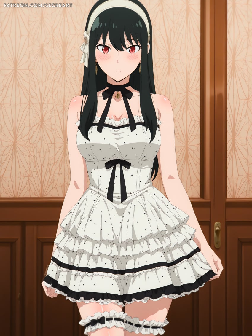 ai_generated bare bow bridal dot dress frilled frills garter hairband polka ribbon secreart shoulders solo spy_x_family tagme white yor_briar yor_forger