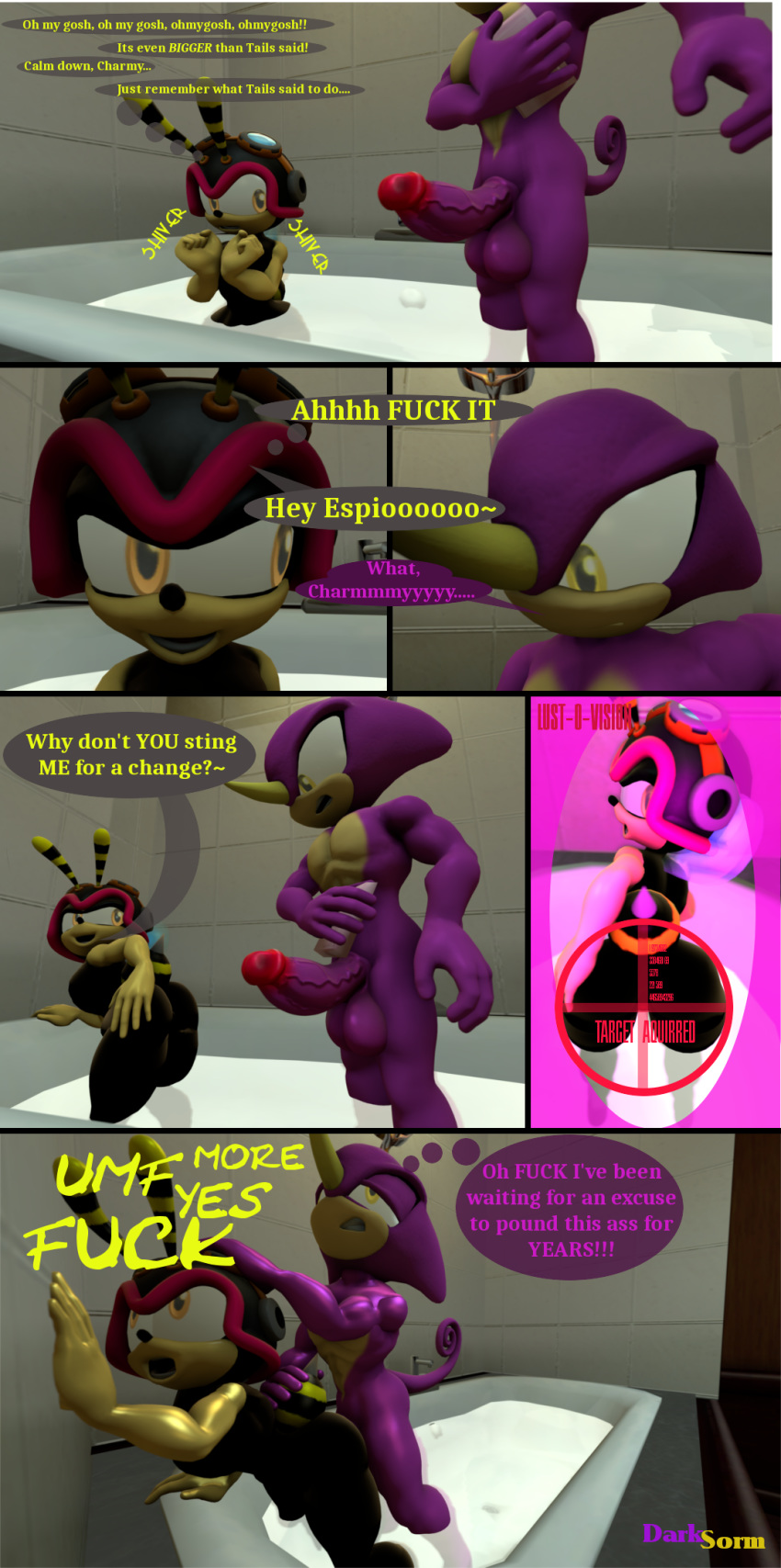 3d anal anal_sex arthropod ass bathroom bathtub bee big_ass_(male) big_butt chameleon charmy_bee comic darksorm espio_the_chameleon femboy first_person_view hand_on_butt insects lizard male penetration penis reptile scalie sega shower sonic_(series) sonic_heroes sonic_the_hedgehog_(series) source_filmmaker target text yaoi