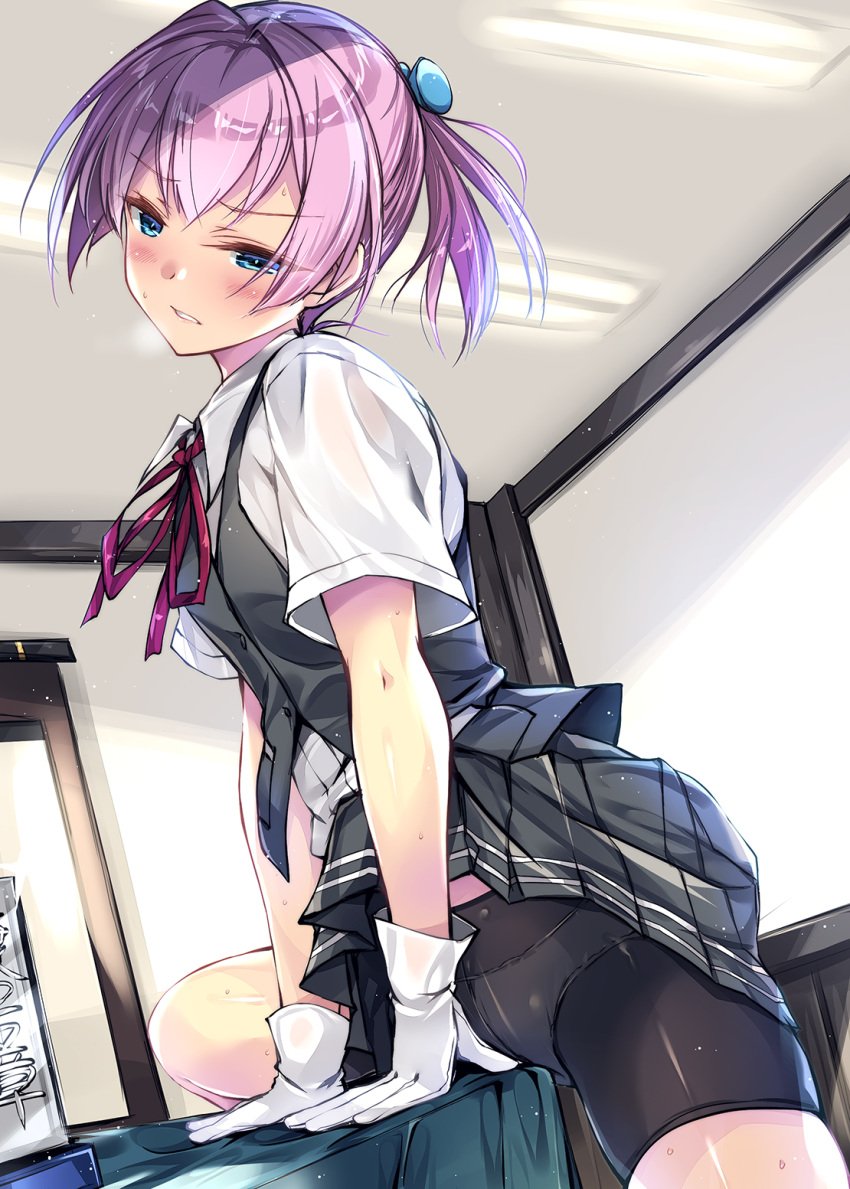 1girls female female_only kantai_collection kobayashi_chisato masturbation panties pantsu see-through see-through_clothing seifuku shiranui_(kantai_collection) skirt_lift solo solo_female table table_humping tagme